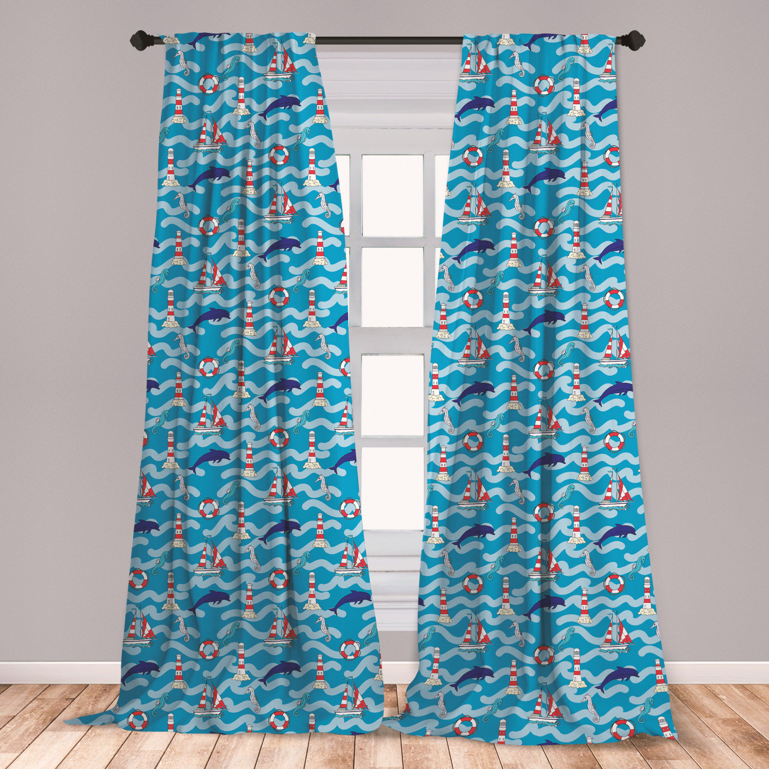East Urban Home Ambesonne Lighthouse Curtains Wavy Lines Aquatic