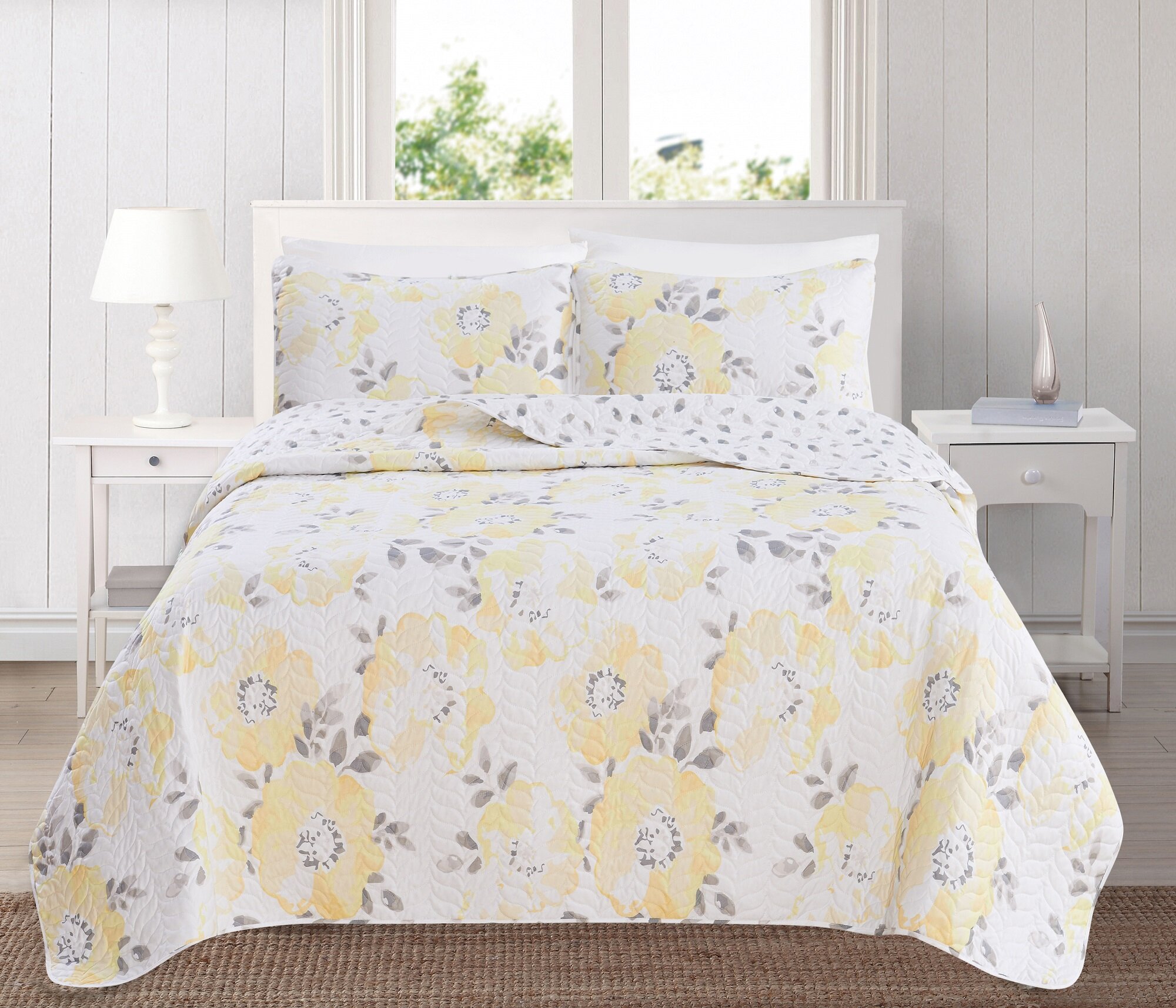 Saphira Grey And Yellow King Size Duvet Cover Set Floral Geometric