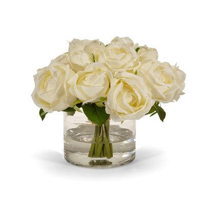 GLAM FLEURS WHITE ROSE FAUX FLOWER ARRANGEMENT IN A SQUARE MIRRORED GLASS VASE. 
