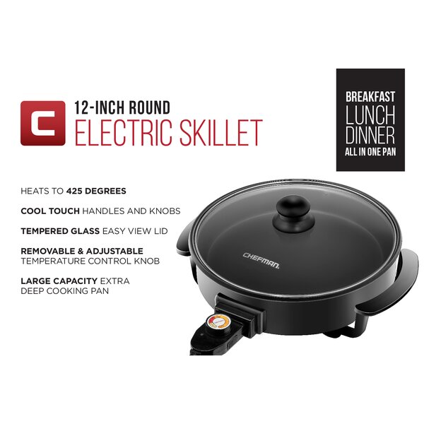 Chefman 12 Inch Round Electric Skillet  All-In-One Pan Large Capacity Glass Lid 