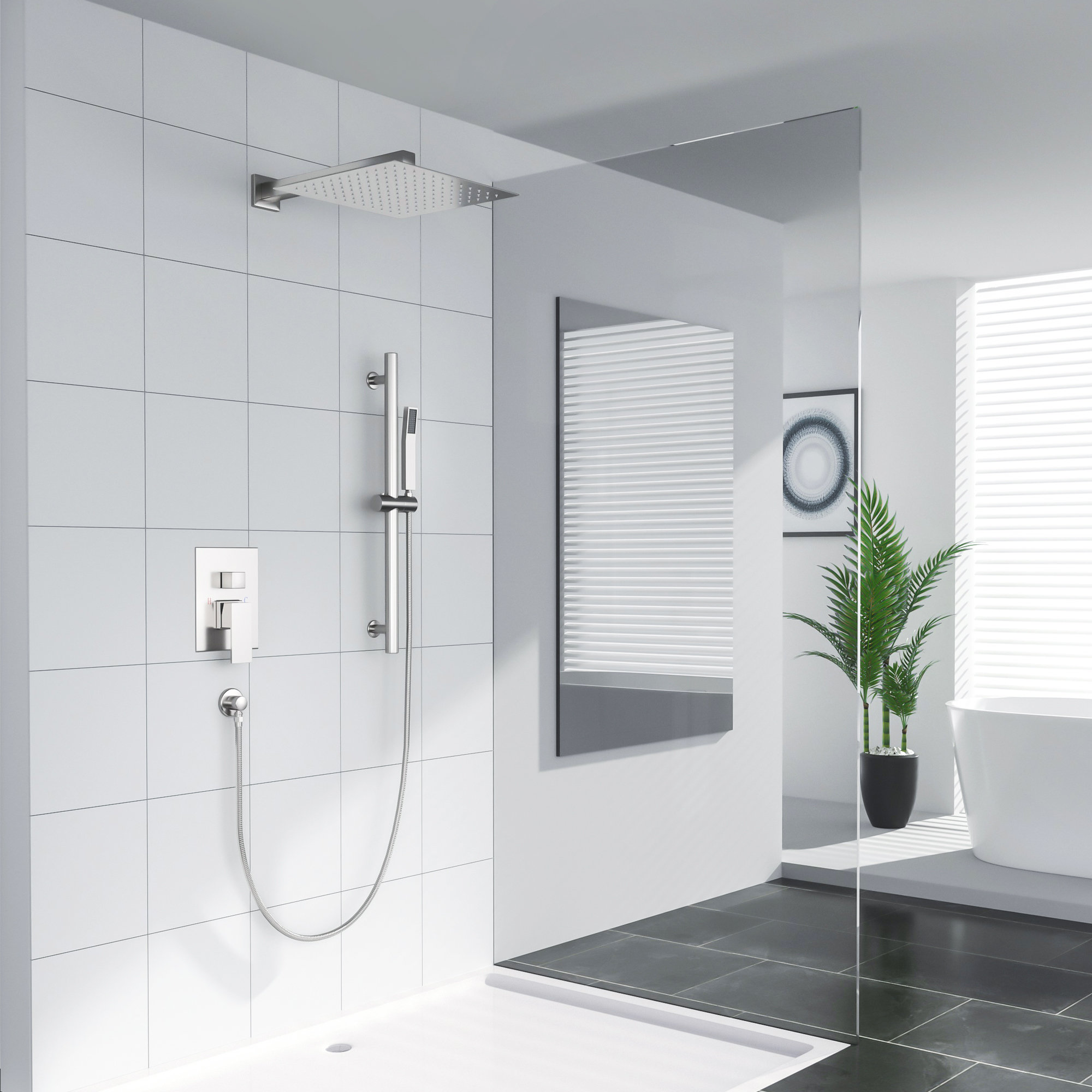 Shower System - 12 Inch Rain Shower Head And Handheld Head, Wall Mounted Bathroom Shower Faucet Set Trim Kit With Valve Combo, Black
