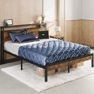 Wood & Metal Platform Bookshelf Bed With Power Outlets