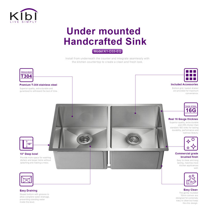Kibi Usa Handcrafted Stainless Steel 33 L X 19 W Double Basin