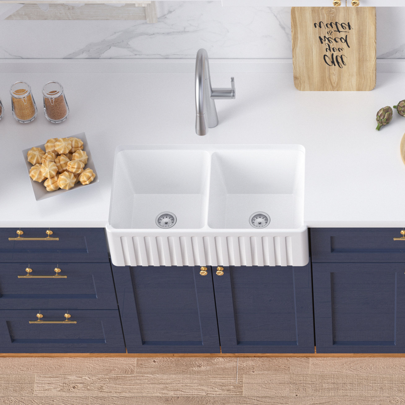 MEJE 18'' W Double Bowl Ceramic Undermount Kitchen Sink 0 Wayfair