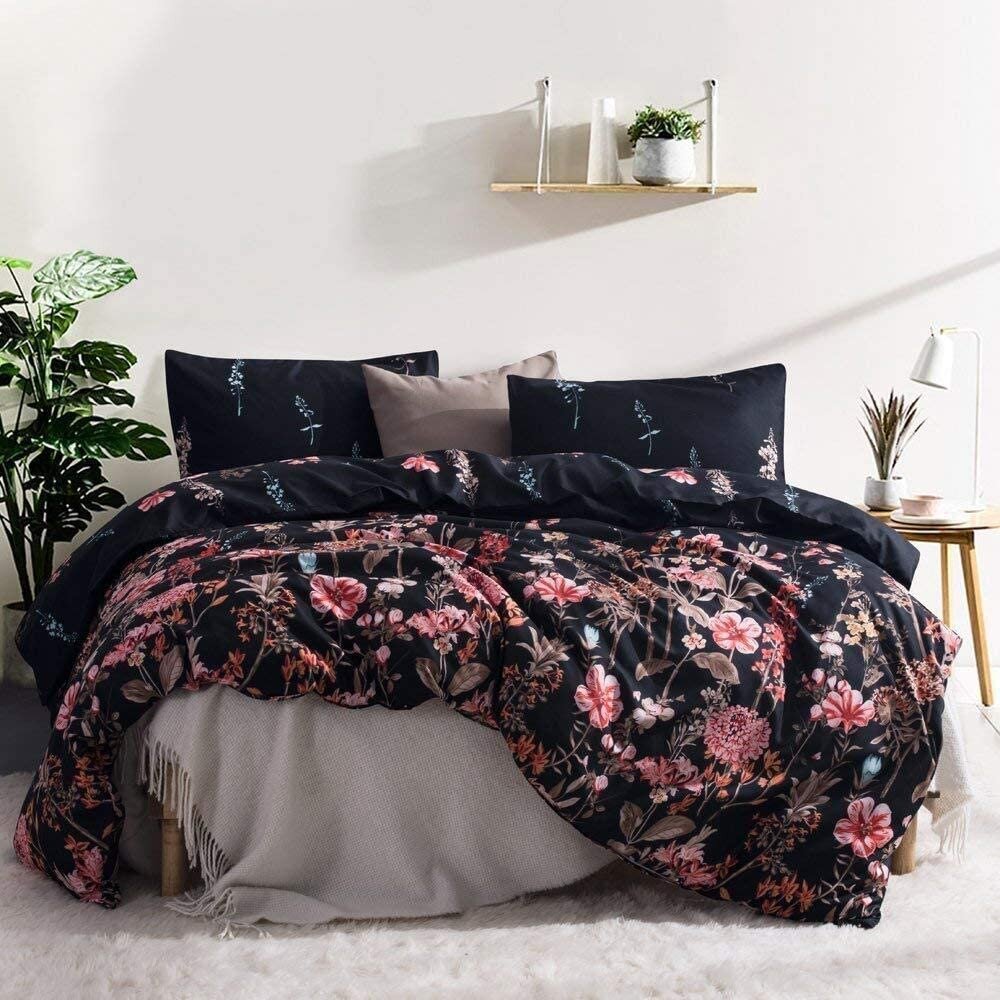 NexHome Duvet Cover Sets King Size Black Double Brushed Microfiber Button Closure & Corner Ties-Breathable and Soft-3pcs