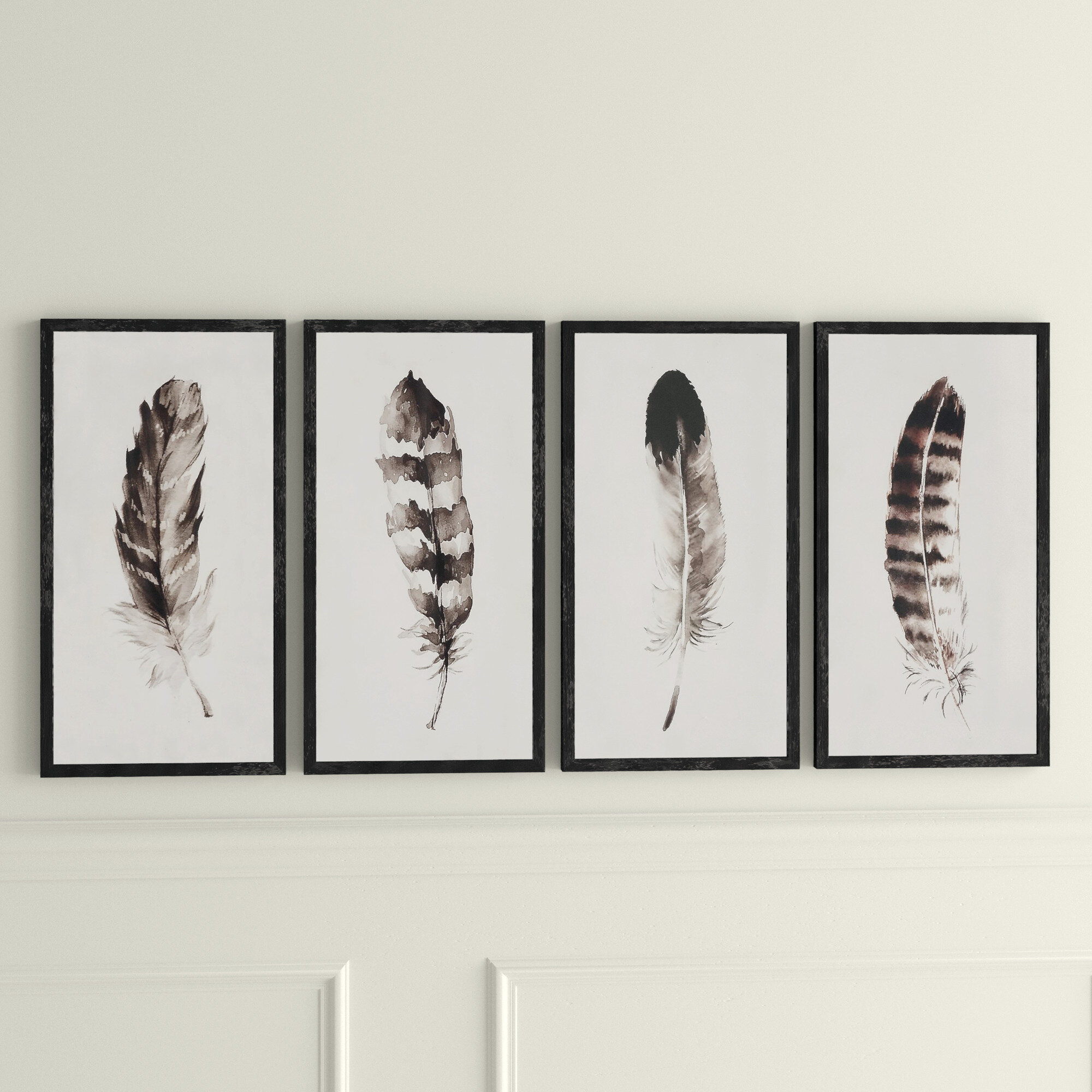 Englund Black White Feather 4 Piece Picture Frame Print Set On