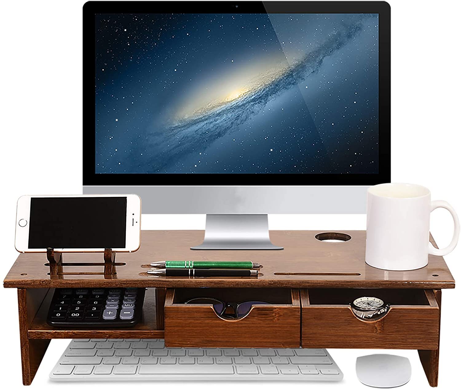 Bamboo Wood Monitor Stand Computer Riser with Storage Organizer Drawers Cellphone Stand for Home and Office Brown