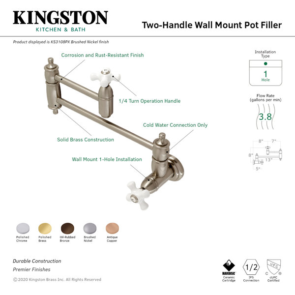 Polished Chrome Kingston Brass KS3101PX Restoration Two-Handle Wall Mount Pot Filler