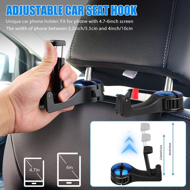 2 Pack Car Seat Headrest Hook,Hooks for Car 2 in 1 with Hidden Mobile Phone Holder Car Hooks 360° Rotation . Universal to Most Car for Hanging Clothes,Purses,Umbrellas,Storage Bags Blue 