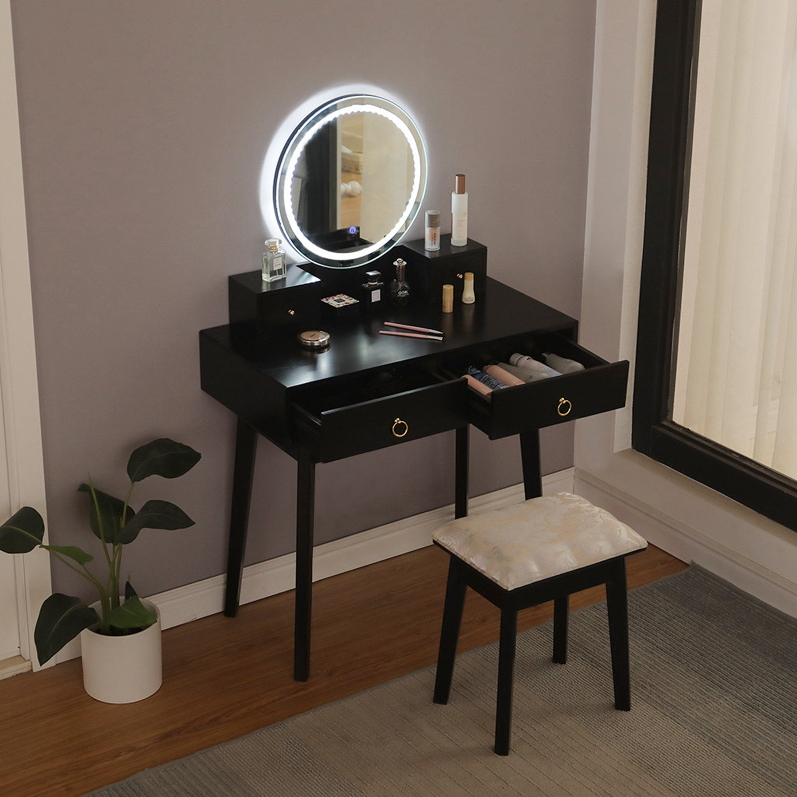 Details about / Vanity Set Makeup Dressing Desk Stool Dresser Table with Mirror /& Storage