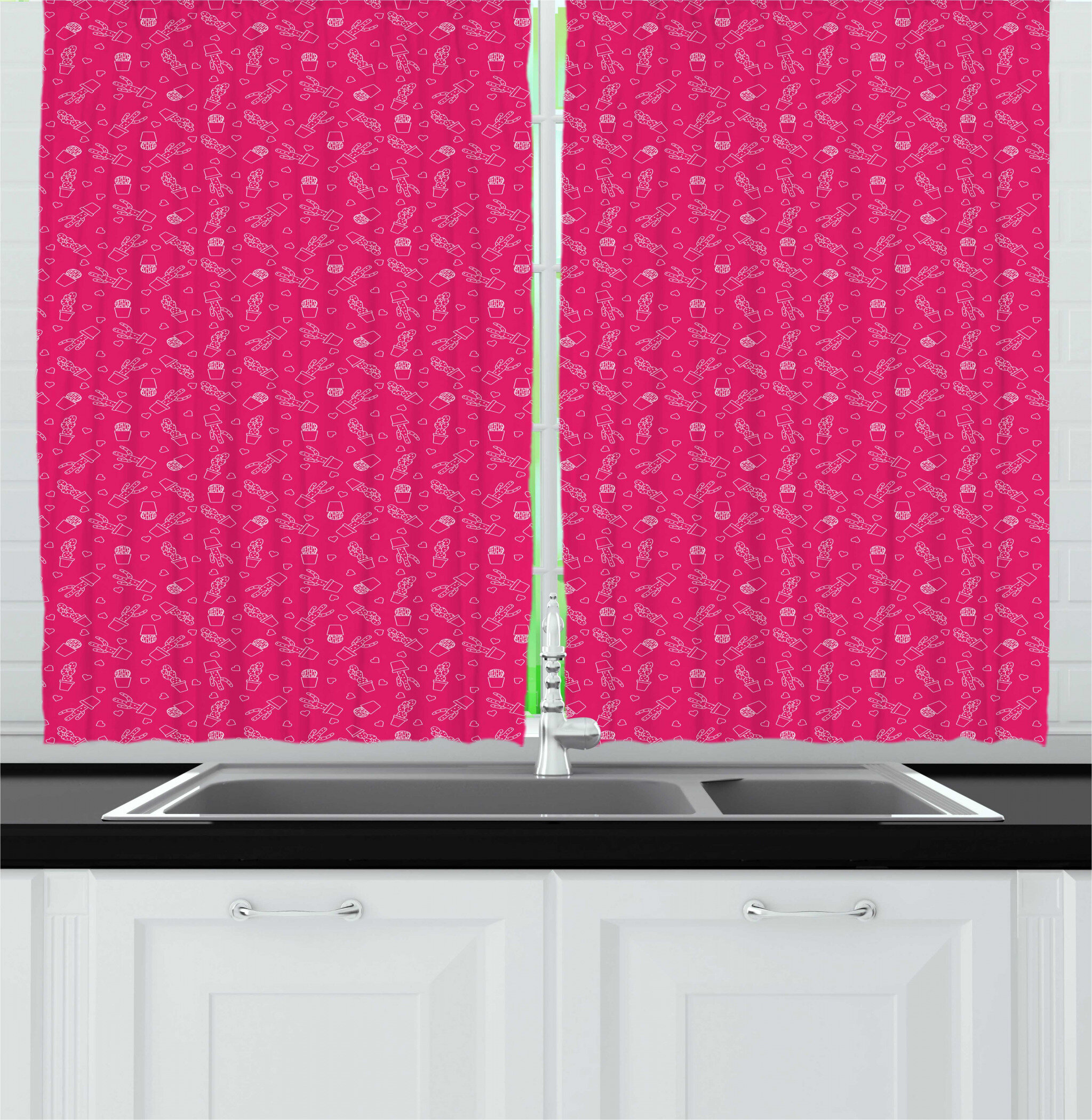 East Urban Home Cactus Print Outline Drawing Of Hearts And Pots Drawn By Hand Valentine S Day Theme Kitchen Curtain Wayfair