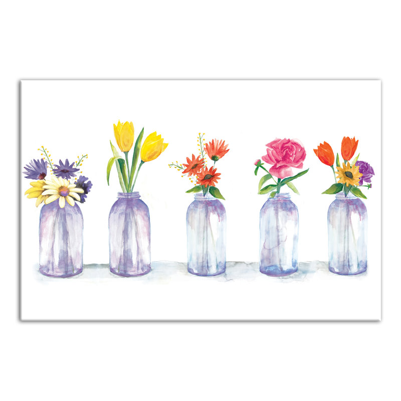 August Grove Painted Flowers In Glass Jars Watercolor Painting