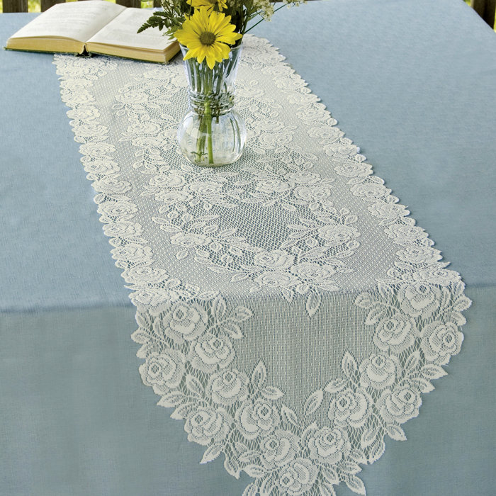 Heritage Lace 14/" x 48/" Tea Rose Table Runner White or Ecru 100/% Polyester