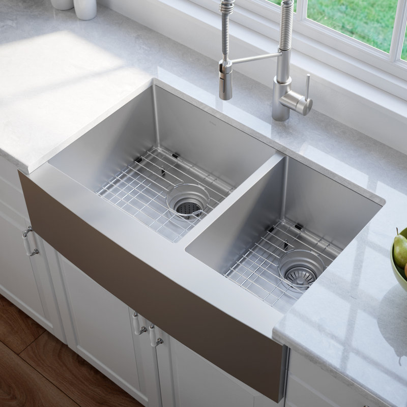 Kraus 33 L X 21 W Double Basin Farmhouse Kitchen Sink With Basket Strainer Reviews Wayfair