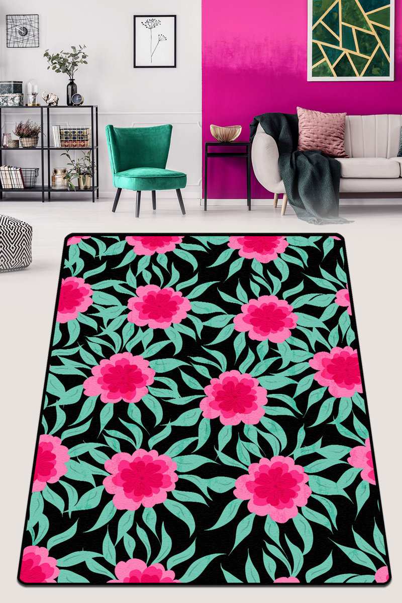 Katheryn Floral Machine Made Power Loom Velvet/Polyester Area Rug in Green/Pink/Black Rug Size: Rectangle 2'7" x 3'3"