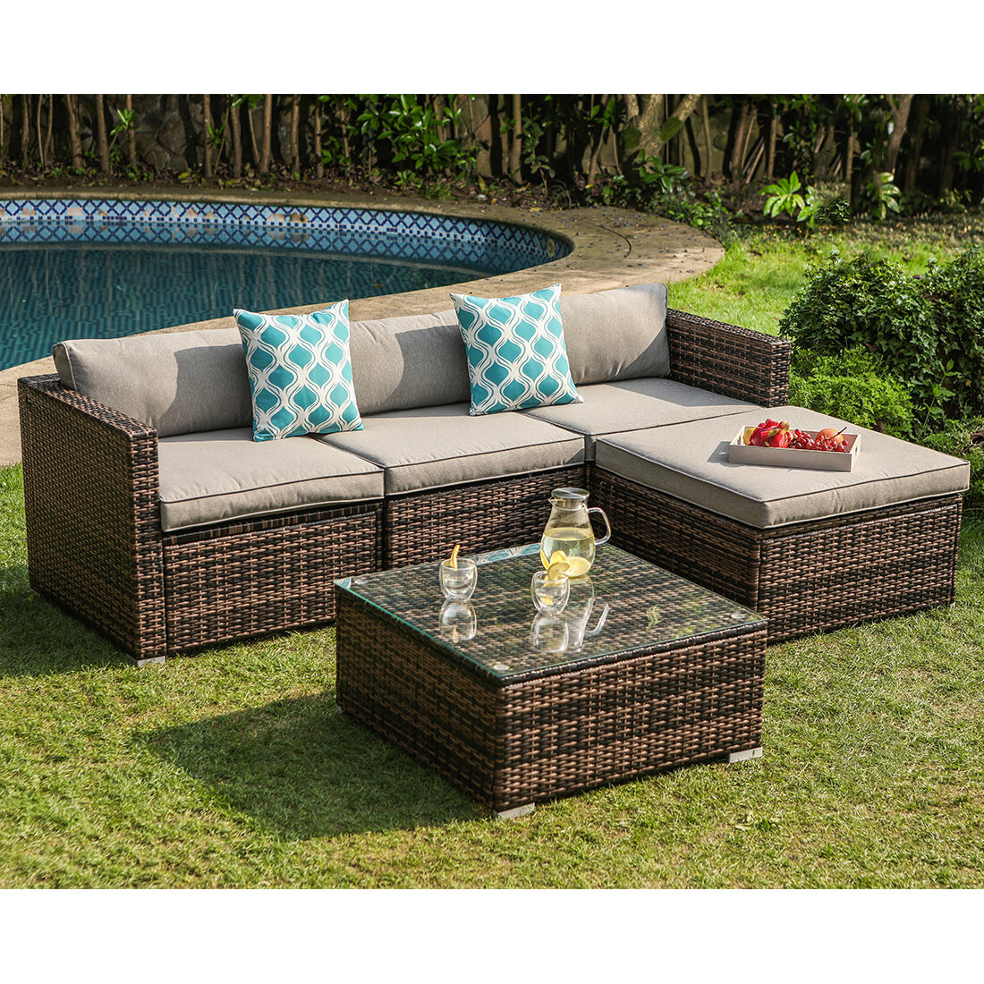 Bay Isle Home Elba 5 Piece Rattan Sectional Seating Group With Cushions Reviews Wayfair