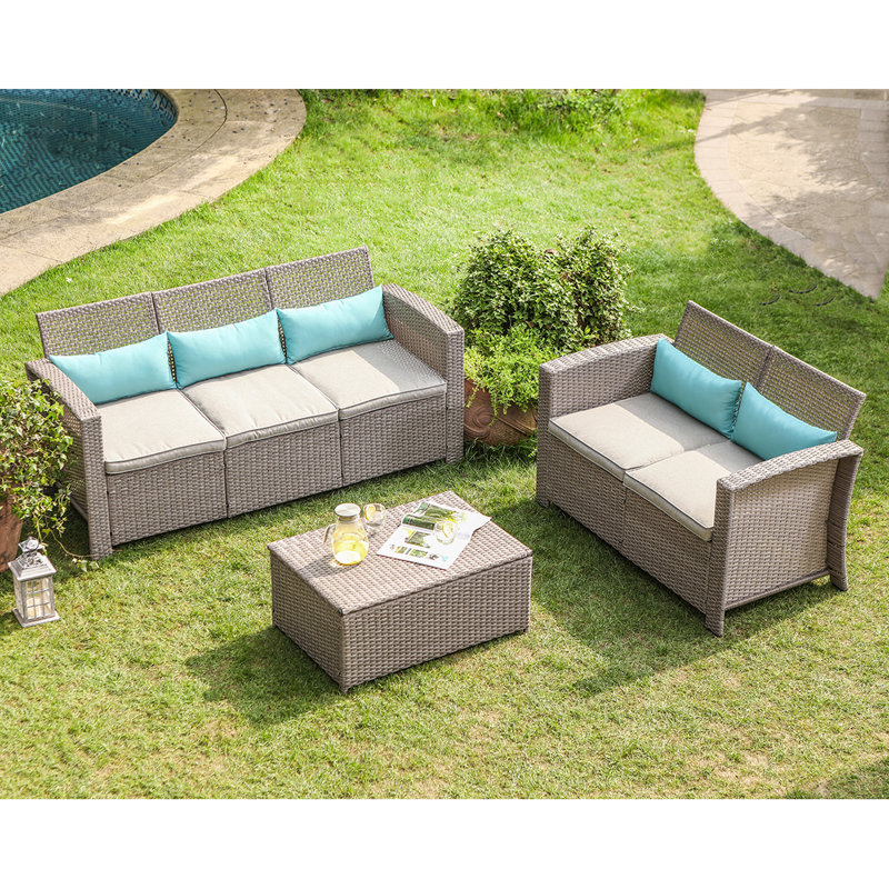 Highland Dunes Gosnells 3 Piece Outdoor Furniture Set Taupe Wicker Sectional Sofa W Warm Gray Thick Cushions Storage Chest 5 Turquoise Lumbar Pillows Reviews Wayfair