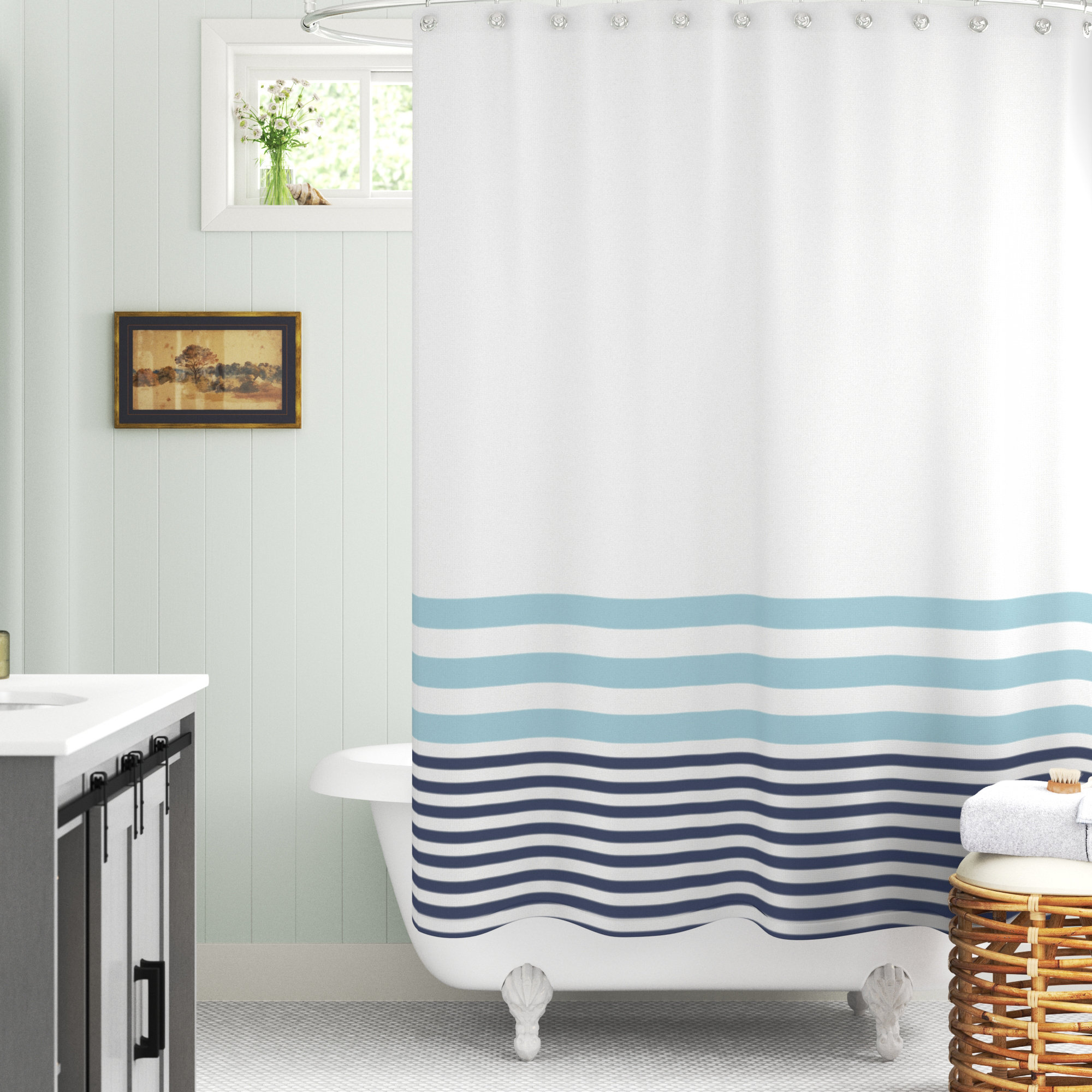 Classic Stripe Fabric Shower Curtain Polyester machine washable ~ NEW 