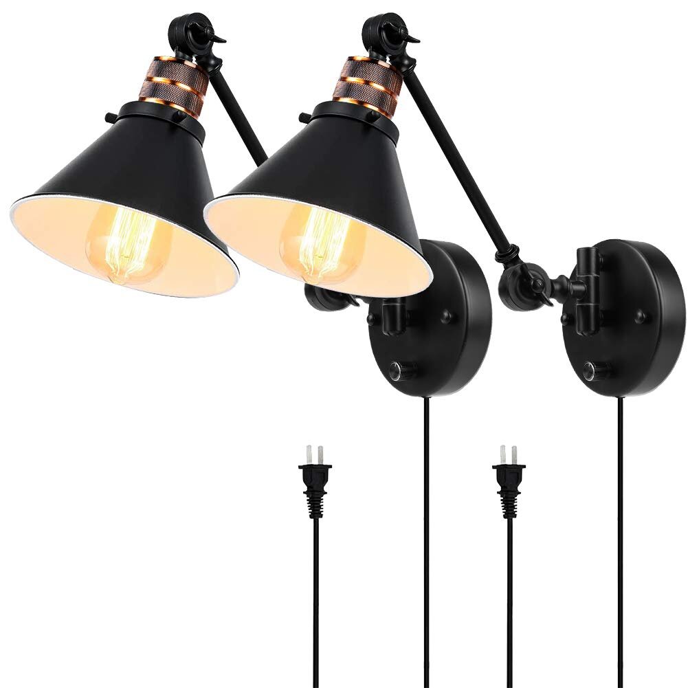 Balck Wrought Iron Wall Light Plug in Cord with On Off Switch Swing Arm Retro Vintage Wall Lamp Wall Mount Light Sconces 2 Lights 