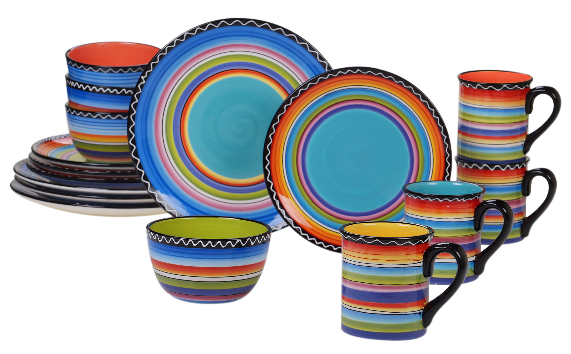 Set Dinnerware 16 Piece Dishes Plate Mug Dinner Service Southwest Fiesta Style