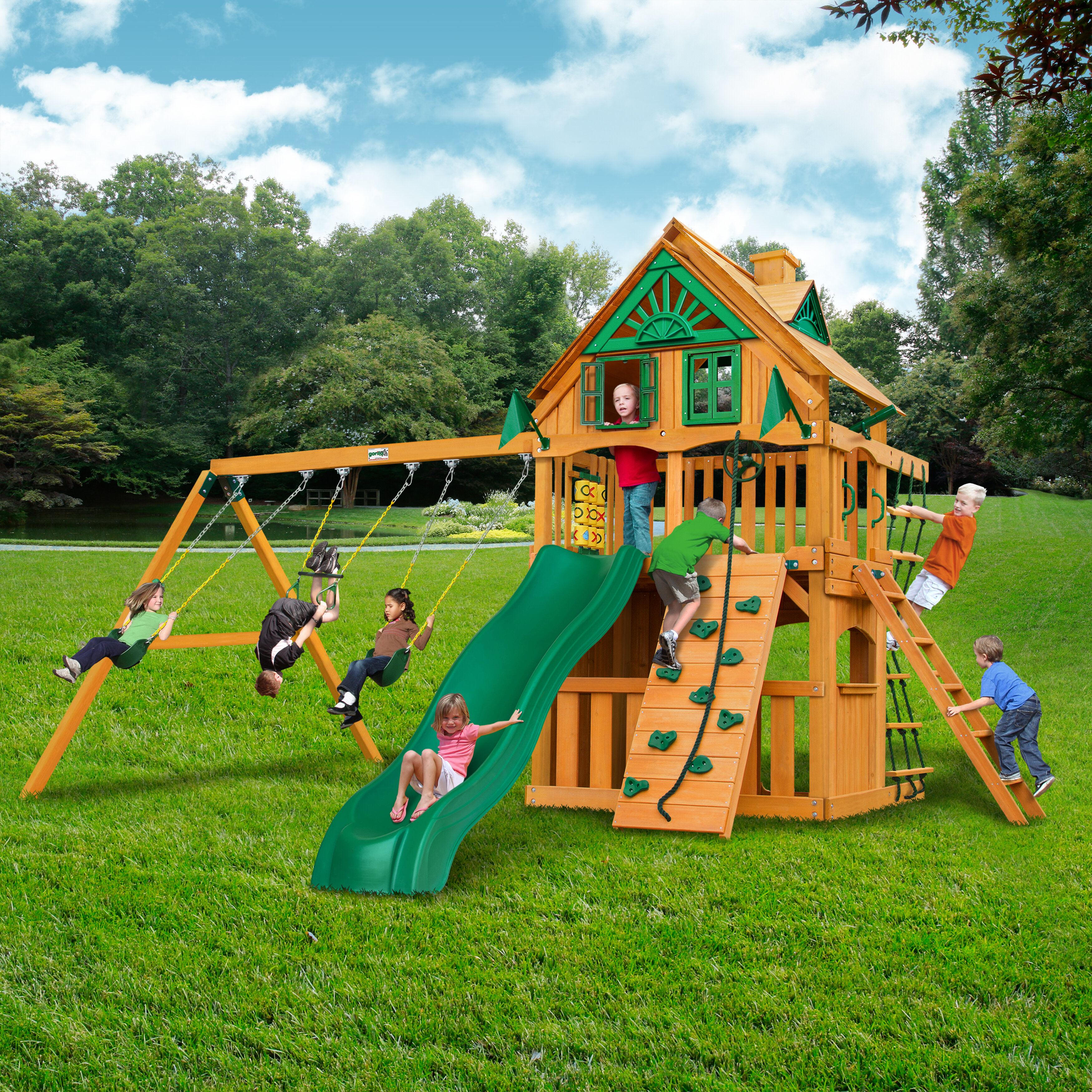 swing set with tree house