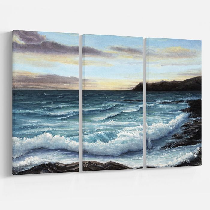 Ocean Waves At Seashore Oil Painting Print Multi Piece Image On Wrapped Canvas