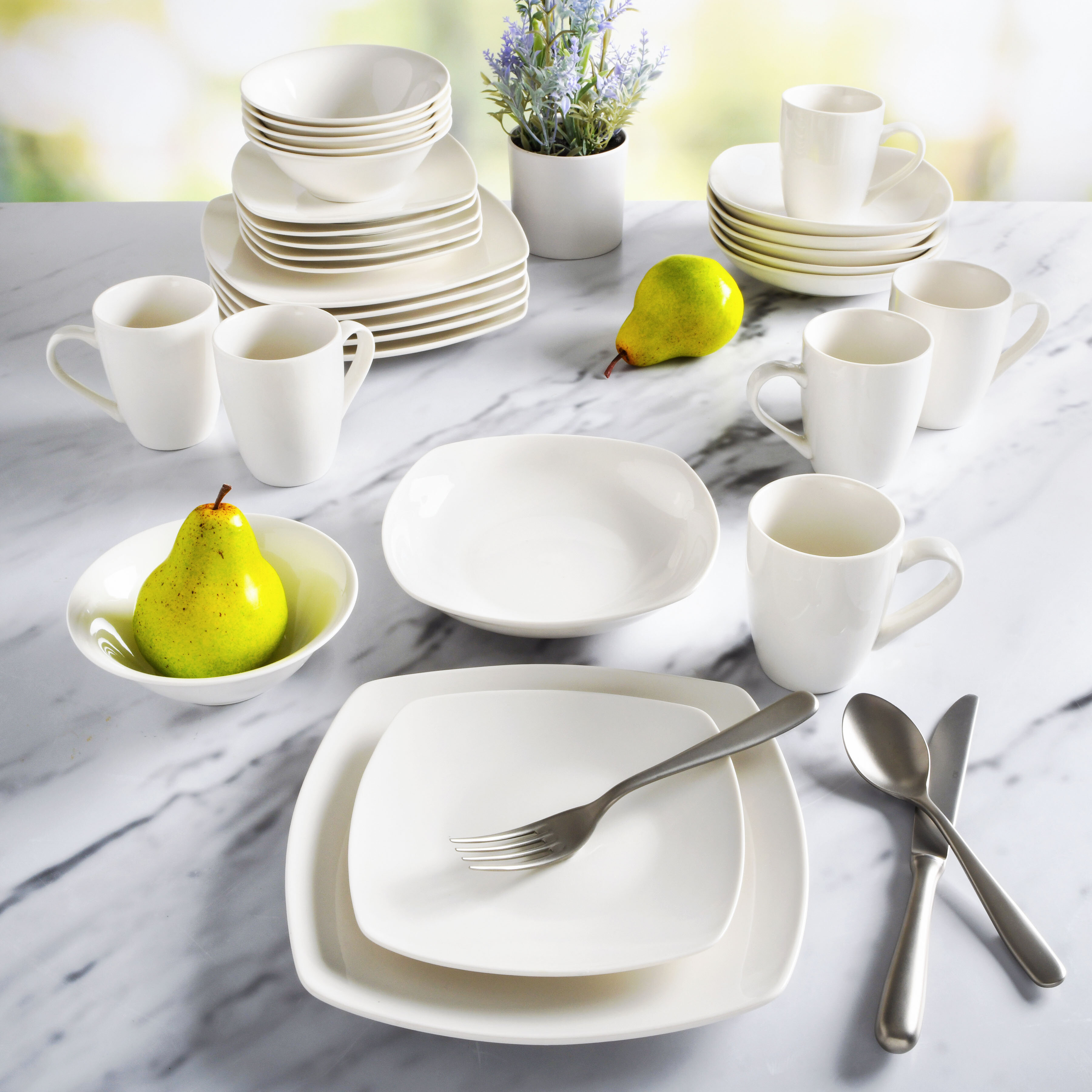 Square Porcelain Liberty Hill 30-Piece Dinnerware Set White Service for 6