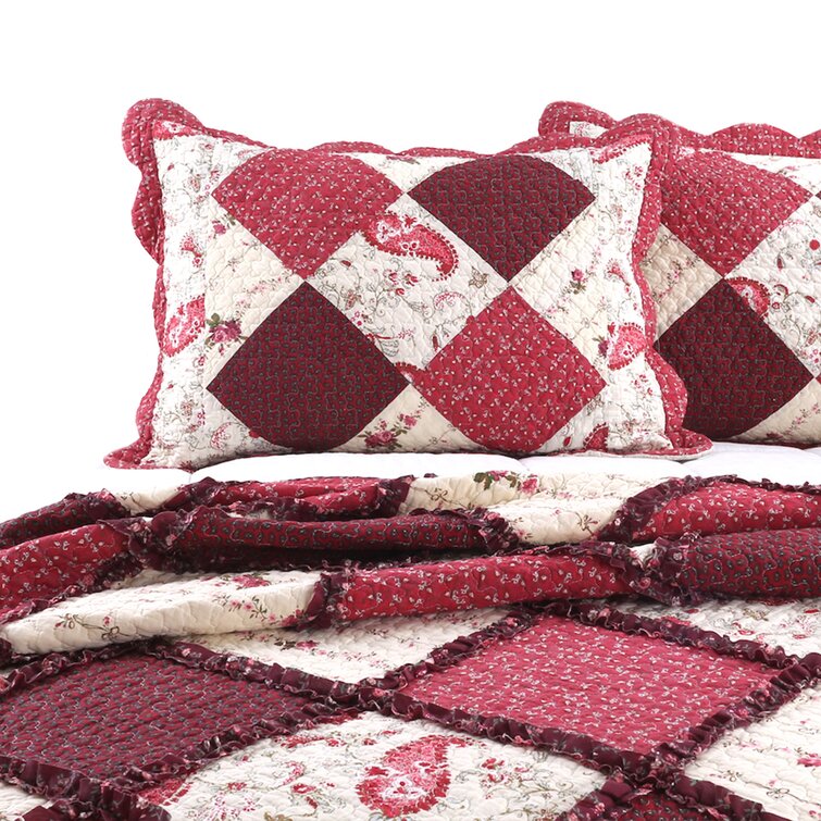 Pineiro Red Floral Real Patchwork 100%Cotton Quilt Set Bedspread Coverlet