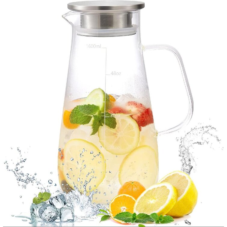 Glass Pitcher w/ Stainless Steel Lid Beverage Pitcher for Homemade Juice Ice Tea