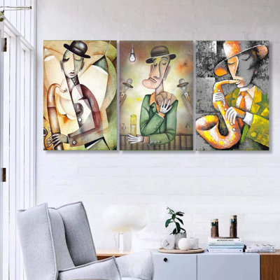 Abstract Green Music European Gentleman Instrument Playing Unique Canvas Painting Print Wall Art