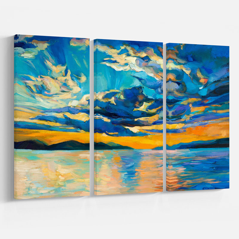 Designart Orange Sunset With Blue Sky 3 Piece Painting Print On