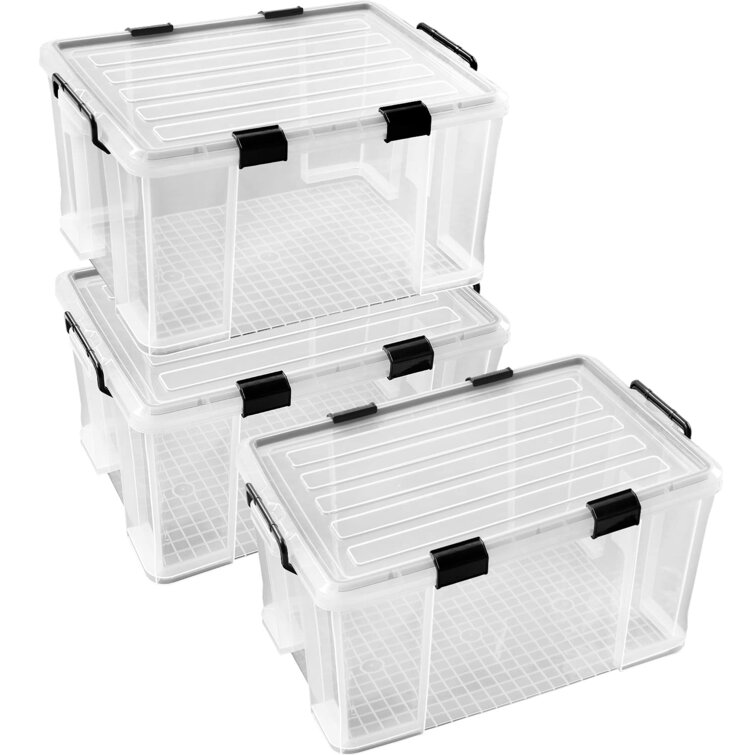 3-Pack Waterproof Plastic Storage Box Clear Toys 90QT/85L Stackable Latch Box Durable Multi-Purpose Locking Bin with Lid and Black Clips for Bedding Shoes and Clothes