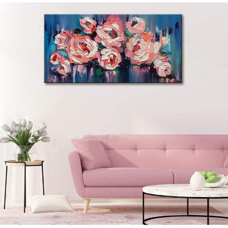 red barrel studio® large flower wall art giclee print on canvas pink teal blue peony blossom floral picture unframed print set on canvas wayfair red barrel studio® large