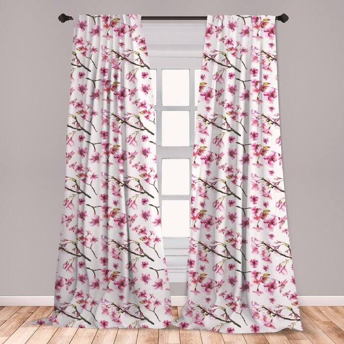 Ambesonne Cherry Blossom Curtains Watercolor Style Oriental Pattern With Sakura Branch Window Treatments 2 Panel Set For Living Room Bedroom Decor
