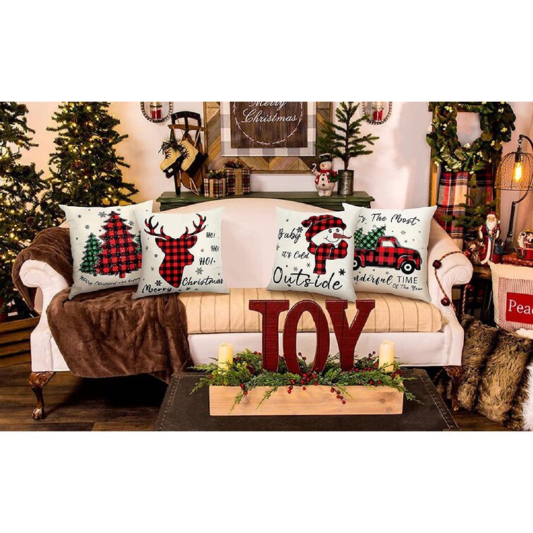 The Holiday Aisle® Christmas Pillow Covers 18X18 Set Of 4 Christmas  Decorations Winter Holiday Decorations Farmhouse Pillow Covers Sofa Couch Home  Decor Red Black Buffalo Plaids(Tree,Deer,Truck, Snowman Quote) | Wayfair