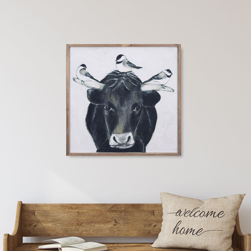 Union Rustic Bull With Birds On Canvas In Wood Frame Wall Decor