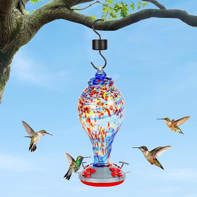 Hummingbird Feeder for Outdoors 36 Ounces Hand Blown Glass Blue Hummingbird Feeders Included Hooks Brush for Garden Tree Yard Outside Decoration 