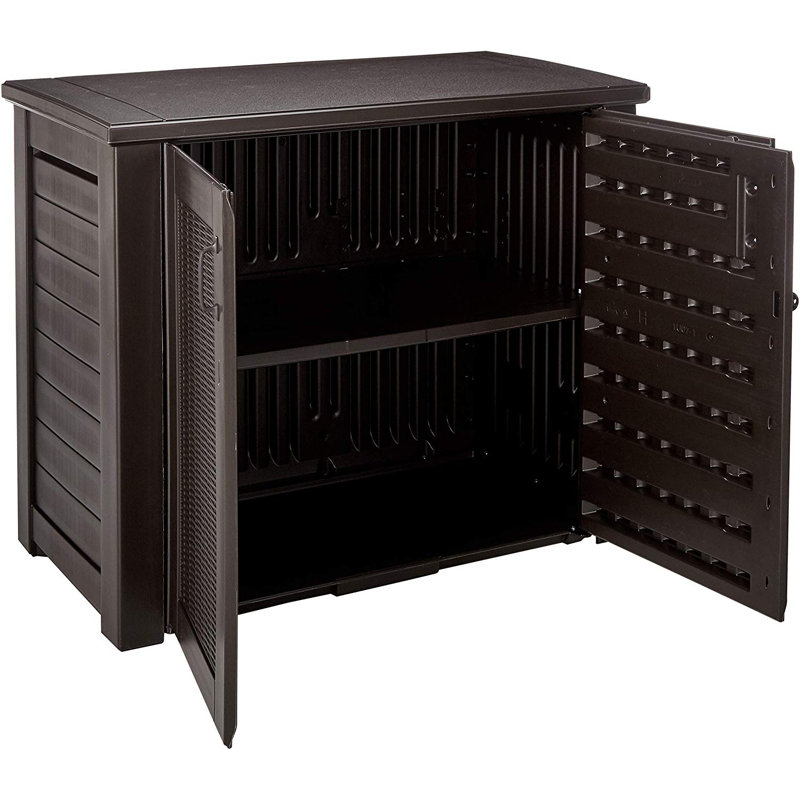 Rubbermaid Chic Outdoor Patio Storage Cabinet 123 Gallon Resin Deck Box Reviews Wayfair