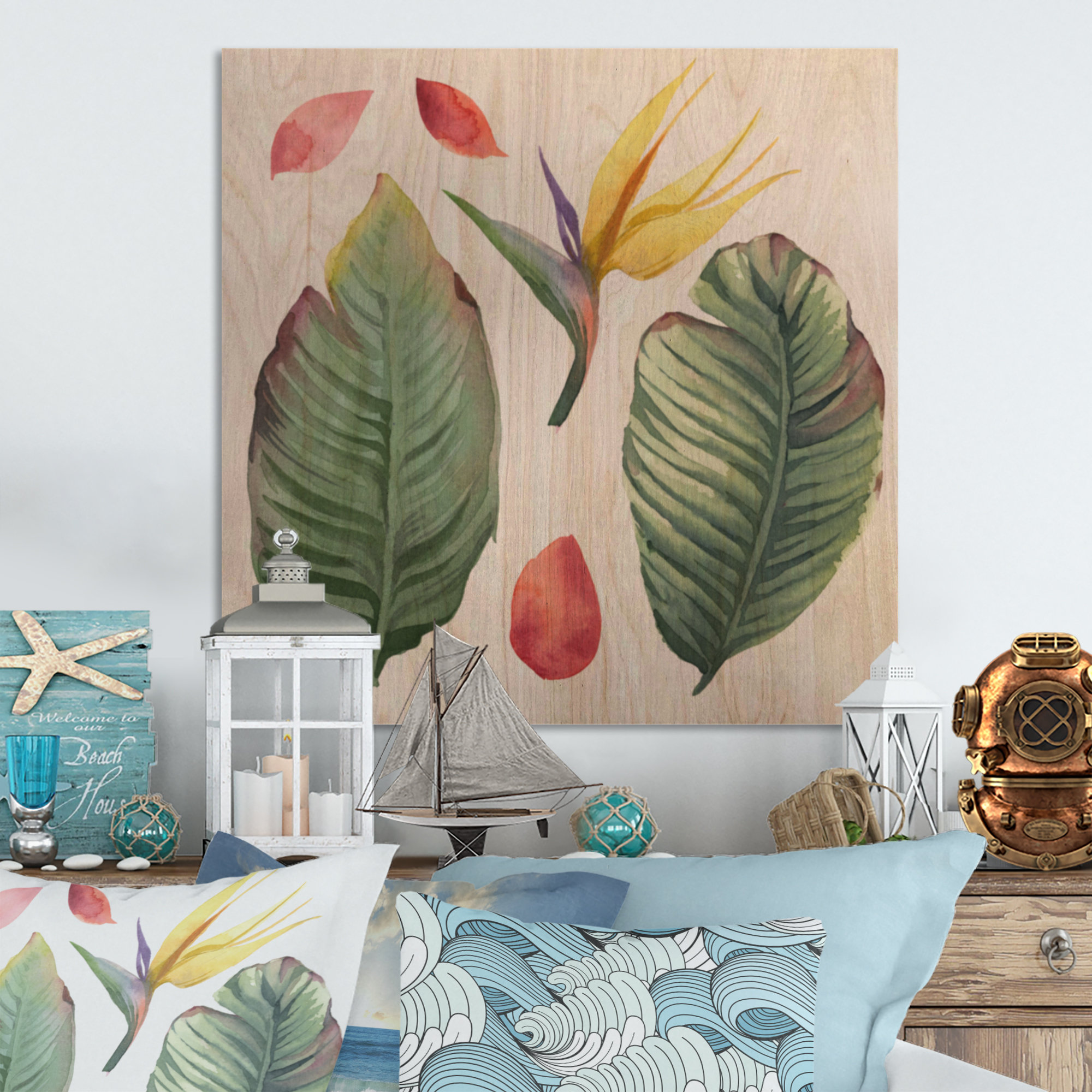 Bay Isle Home Tropical Flowers And Greem Leaves On White - Unframed ...