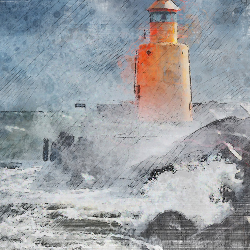 Breakwater Bay Watercolor Lighthouse In Storm Graphic Art Print
