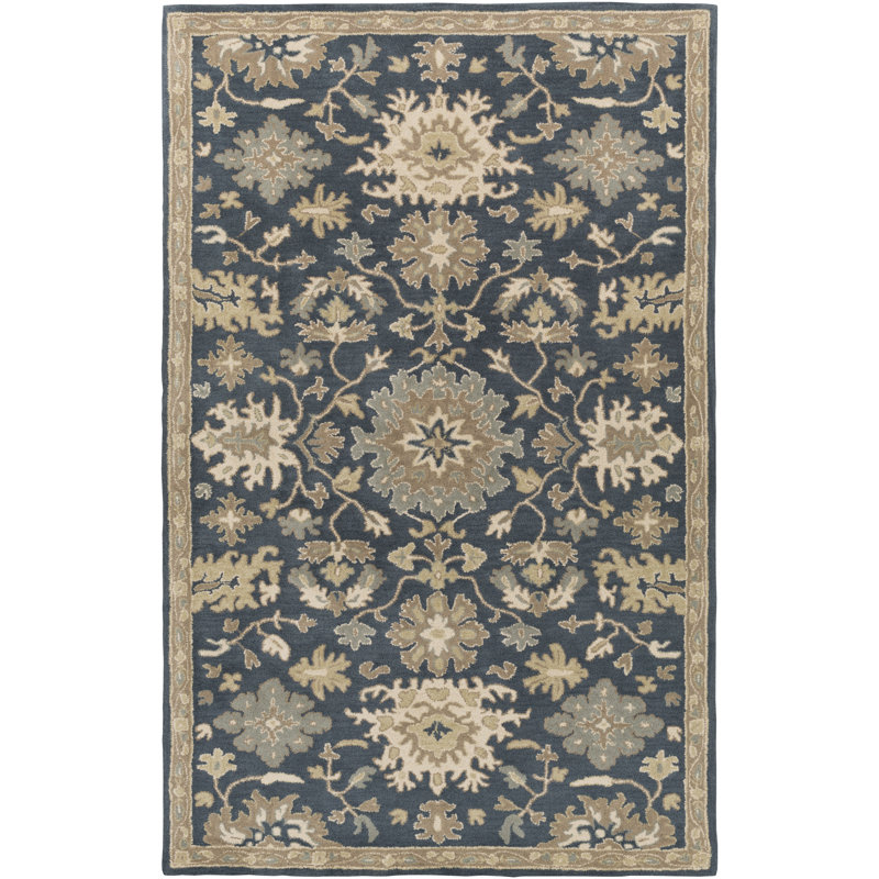 Charlton Home Willard Floral Handmade Tufted Wool Navy Tan Area Rug Reviews Wayfair