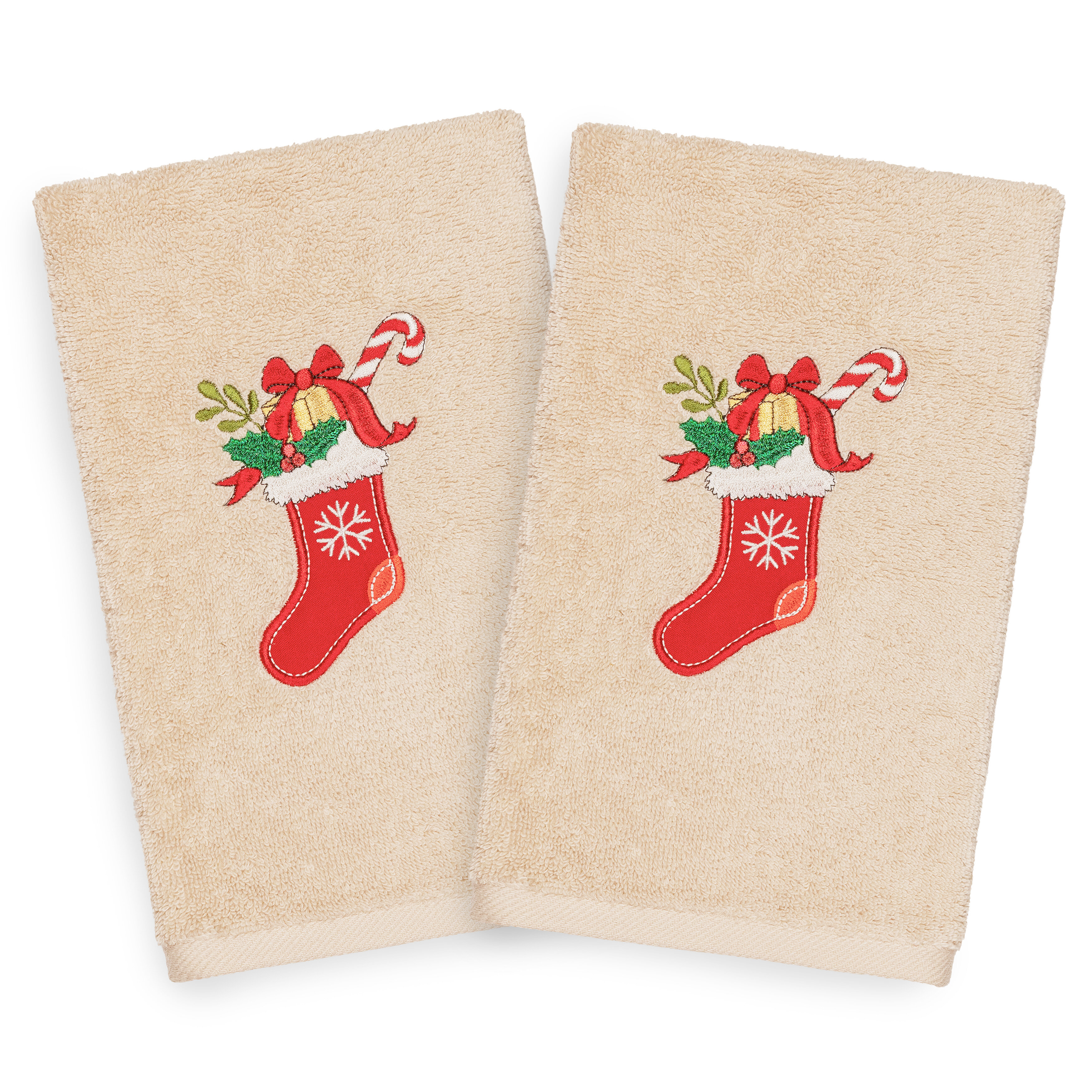 Decorative Hand Towel Set Embellished w/ Christmas Stockings Ivory Turkish Cott 