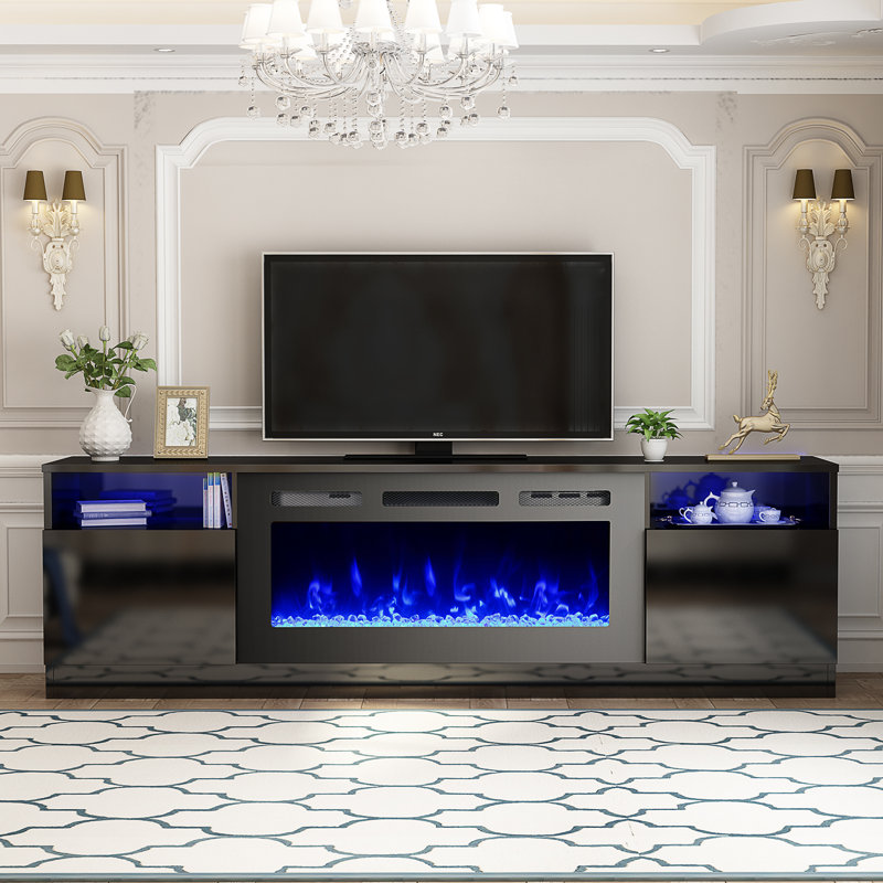 Brennah TV Stand for TVs up to 78" with Electric Fireplace Included Color: Black