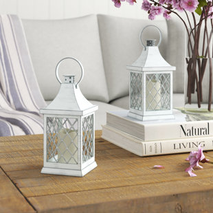 2 WHITE floral lattice Lantern & LED flameless pillar Candle holder Lamp wedding 