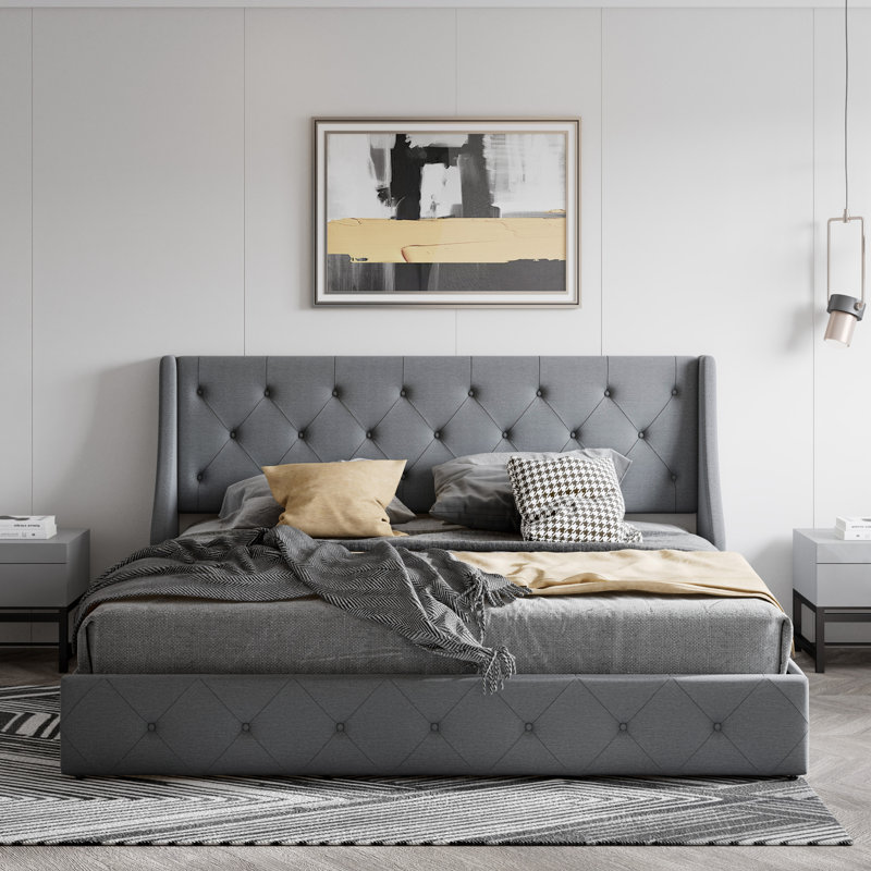 (Incomplete, only 1 box ) Losada Upholstered Storage Bed with Wingback - 4 drawers Color: Dark Gray, Size: Queen