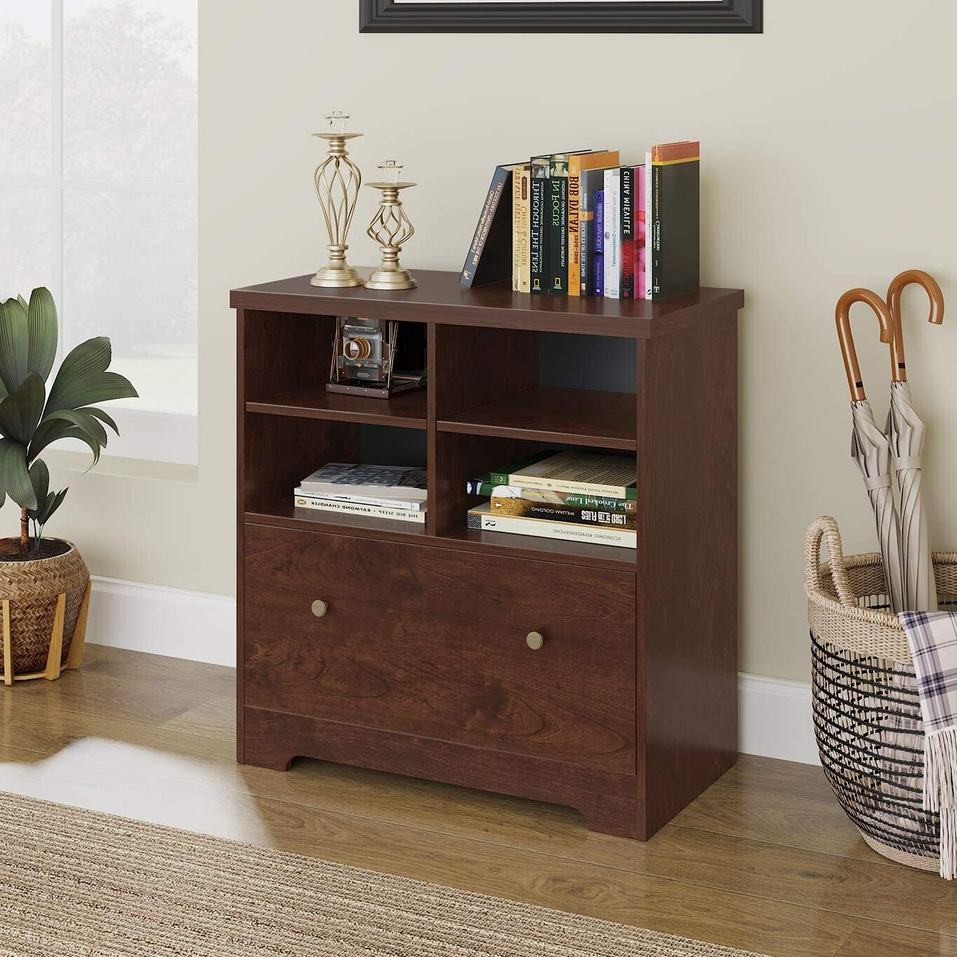 Red Barrel Studio Lateral File Cabinet 1 Large Drawer Wood Filing Cabinet With Two Open Adjustable Storage Shelves For Office Home Cherry Wayfair Ca