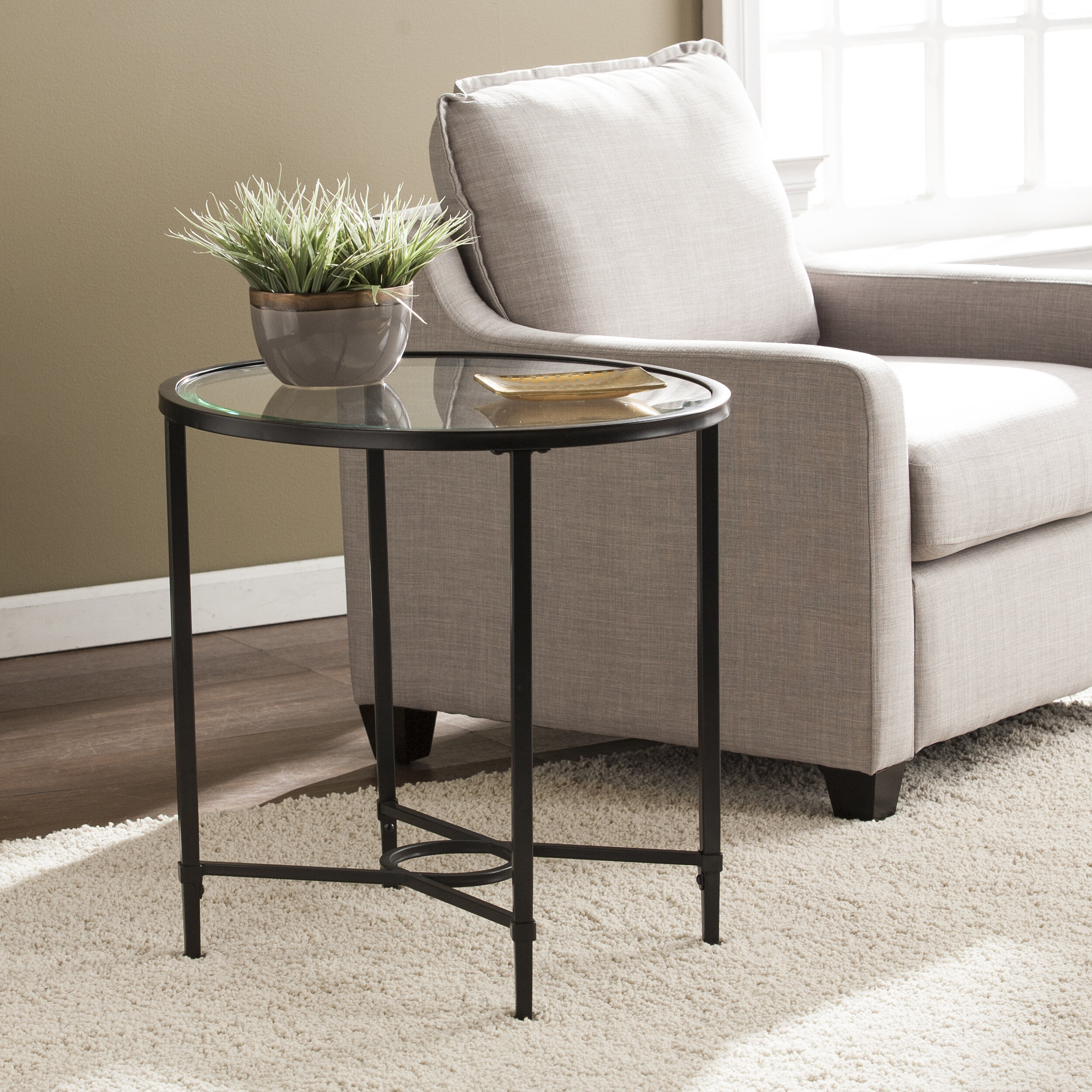 Round Side Table Accent Table End Table Coffee Table Nightstand w/ Glass Top 