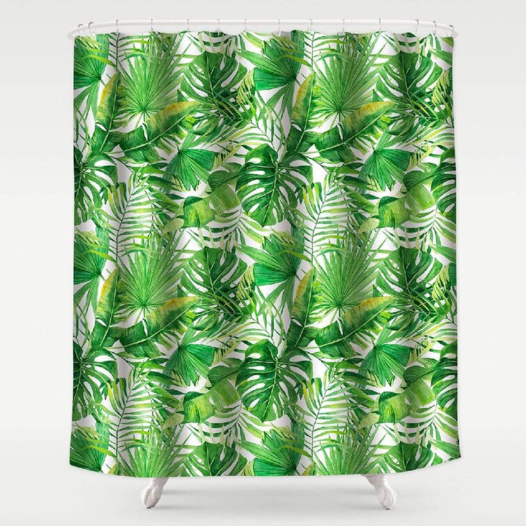 Dark Tropical Green Jungle Palm Leaves Shower Curtain Bath Mat Waterpoof Fabric 