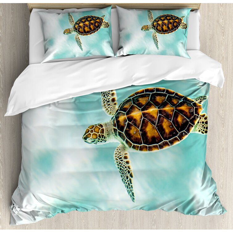 Turtle Comforter Set Kids Sea Marine Animal Tortoise Bedding Set Decor Dark Blue Brown Comforter Room Decor 3Pcs Full Size