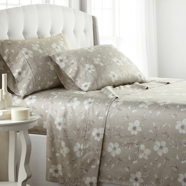 Cassius 300 Thread Count Floral 100% Cotton Sheet Set Rosdorf Park Color: Taupe/Gray, Size: Full